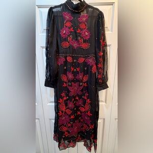 Elegant FARM Rio Black and Red Floral Embroidered Dress NWT
